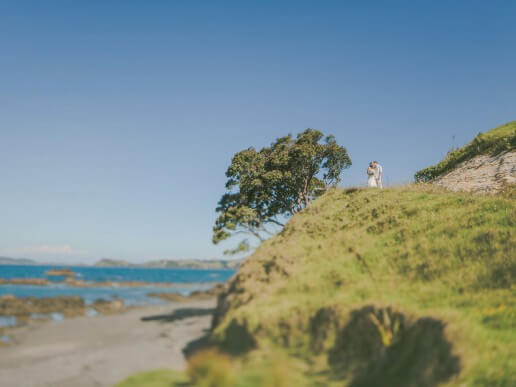 Newlyweds kiss on clifftop