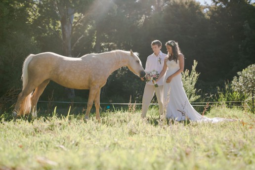 Newlyweds pose with horse